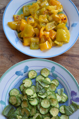 fried sliced courgettes and peperonata