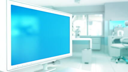 beautiful mockup - blue screen monitor in office with empty space - computer generated object 3D illustration
