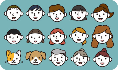 Obraz premium 人の顔 カラーイラストセット