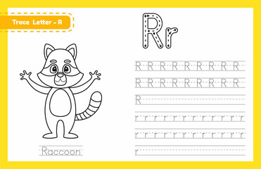 Trace letter R uppercase and lowercase. Alphabet tracing practice preschool worksheet for kids learning English with cute cartoon animal. Coloring book for Pre K, kindergarten. Vector illustration