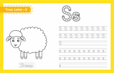 Trace letter S uppercase and lowercase. Alphabet tracing practice preschool worksheet for kids learning English with cute cartoon animal. Coloring book for Pre K, kindergarten. Vector illustration