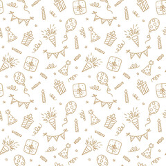 Seamless pattern with Happy Birthday doodles. Sketch of party decoration, gift box and balloons. Children drawing. Hand drawn vector illustration on white background.