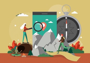 Fototapeta premium Mobile with map location pin, people travelers camping, hiking, vector illustration. Route search. Navigation app.