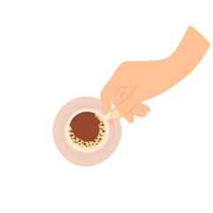 Hand drawn color sketch vector illustration of hands holding coffee cups in top view. Concept of diversity, cozy, warm, friendship, love.