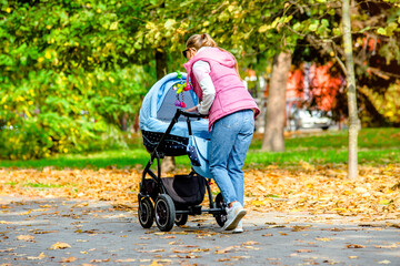 Mother wheeling a pram in the Park
