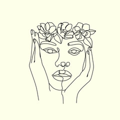 Abstract woman head with flowers line vector drawing. Flower Head One Line Art. Modern Gallery Wall. Botanical face vector. Minimal logo with girl magnolia. Florist Bauty salon minimalist logo