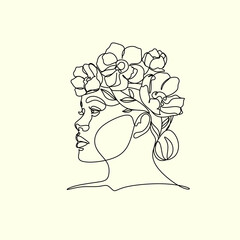 Abstract woman head with flowers line vector drawing. Flower Head One Line Art. Modern Gallery Wall. Botanical face vector. Minimal logo with girl magnolia. Florist Bauty salon minimalist logo