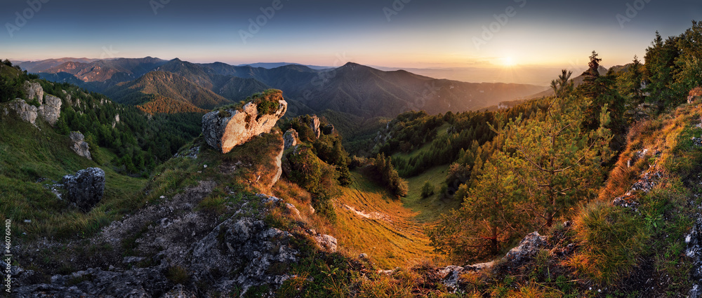 Poster Autumn mountain forest rocks view, explore the beauty of world Colorful landscape background concept