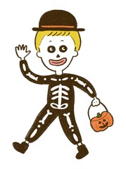ハロウィン スケルトン 仮装する男の子 手描きイラスト