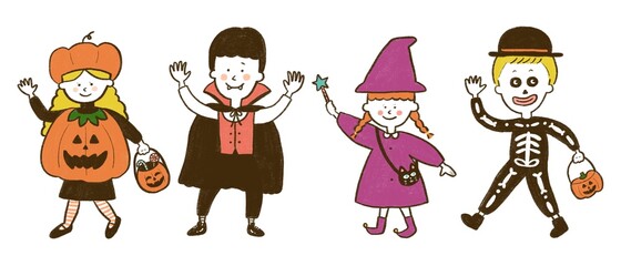 ハロウィン 仮装する子供達 手描きイラスト