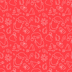 Christmas Gnomes Seamless vector pattern in doodle style. Merry christmas and a happy new year! Design for packaging, paper, fabric, postcards. Red and white colors