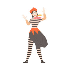 Woman mime performing pantomime. Silent actor character taking part at show cartoon vector illustration
