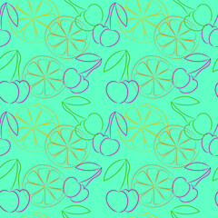 Seamless pattern with outline cherries and lemon on light blue background vector