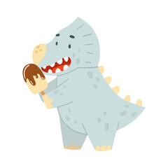 Cute funny dinosaur eating ice cream. Kids t-shirt print, books, stickers, posters design vector illustration