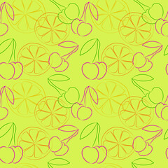 Seamless pattern with outline cherries and lemon on yellow background vector
