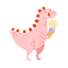Cute pink comic dinosaur eating ice cream. Kids t-shirt print, books, stickers, posters design vector illustration