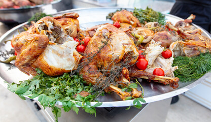 Fried chicken meat in a restaurant.