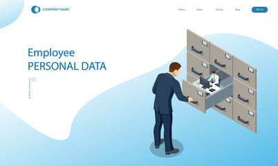 Isometric Employee personal data concept. Man analyzes the database of employees or personnel. Protection of personal data. Data processing. HR manager.
