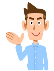 手のひらで案内する水色のシャツを着た男性
