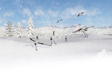白銀の雪景色に舞い降りる鶴の群れ