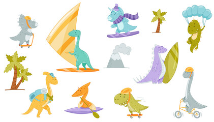 Cute adorable dinosaurs doing sports set. Lovely dino for nursery, t-shirt, book, print, poster design cartoon vector illustration