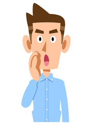 呼びかける水色のシャツを着た男性
