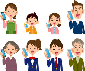 笑顔で携帯電話で通話する様々な世代の上半身イラスト
