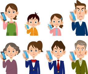 怒りの表情で携帯電話で通話する様々な世代の上半身イラスト
