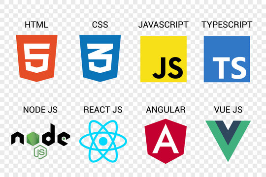 Vector collection of web development  signs: html5, css3, javascript, typescript, react js, angular, vue js and node js.	