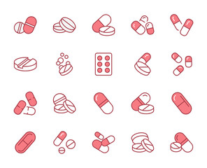 Pills design icons set. Thin line vector icons for mobile concepts and web apps. Premium quality icons in trendy flat style. Collection of high-quality color outline logo