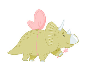 Cute adorable Triceratops animal. Lovely dino with pink wings and magic wand for nursery, t-shirt, book, print, poster design cartoon vector illustration