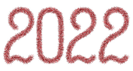 Tinsel. 2022. Lettering from a festive Christmas decoration. Fluffy numbers. Red. Vector illustration. Isolated white background. Cute plush message. The coming year. Rustling lettering. 