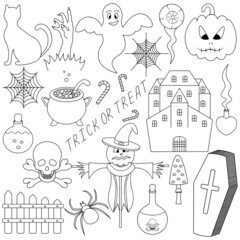 Halloween. Sketch. Set of vector illustrations. Collection of festive mystical elements. Cat, pumpkin, coffin, ghost, eyeball, love potion. Doodle style. Coloring book for children. 