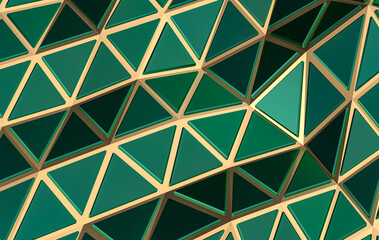 Geometric abstraction in the form of green triangles on a golden surface. Abstract background of a precious surface. 3D Render