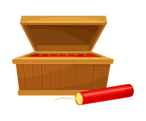 Open wooden box with red dynamite sticks vector illustration