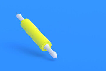 Modern rolling pin on blue background. Culinary equipment. Kitchen accessory. Copy space. 3d render