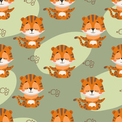 Seamless vector pattern with cartoon tiger cub meditating in lotus position. Image in fun flat style for print and digital use.