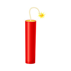 Dynamite stick with burning bickford fuse vector illustration on white background