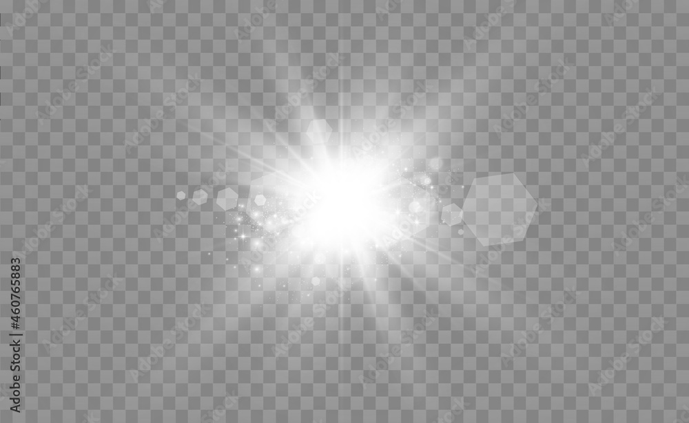 Poster special lens flash, light effect. the flash flashes rays and searchlight. illust.white glowing light