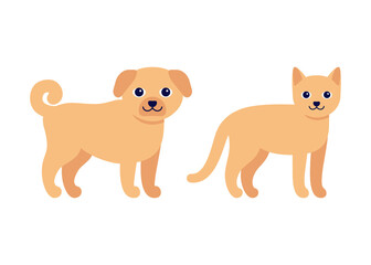 Happy ginger dog and cat, standing puppy pet. House animal, canine feline pet. Vector illustration