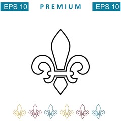 Fleur de Lis icon. Fleur-de-Lis sign and graphics. Royal french lily. Heraldic symbol for design, logo or decorate. Elegant flower outline design. Gray emblem isolated on white background. Vector