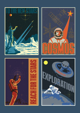 Retro Soviet Space Propaganda Placards Stylization, Cosmonauts, Spacecraft, Satellites, Alien Planets