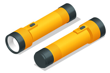 Isometric yellow plastic torch flashlight isolated on white background. Light source for individual use. - obrazy, fototapety, plakaty