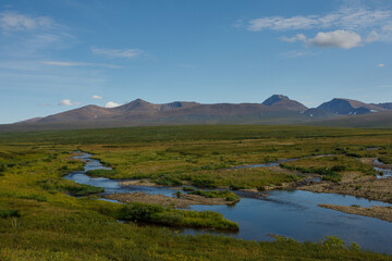 Fototapeta premium A clear river with rocks leads to the mountains. Clear summer day. Wildlife travel concept.