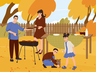 Young family at a picnic in the backyard in autumn. Husband and wife with children are preparing barbecue and playing with the dog outdoors. Flat vector illustration