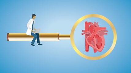 Focus on human heart. Man sitting on magnifying glass. Heart in focus on lens. Vector illustration. Dimension 16:9. EPS10.