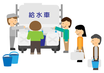 Obraz premium 給水車に行列の人たち