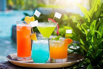Mixed fruit juices to welcome tourists in a relaxing vacation concept resort.