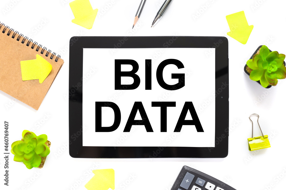 Poster big data. notepad or tablet computer and flat pencil isolated on a white background, with a white pl