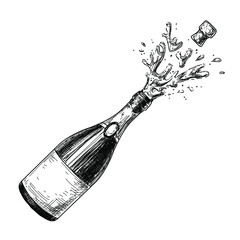 Champagne bottle sketch ink graphic set illustration, draft silhouette drawing, black on white line art. Vintage etching drink design.